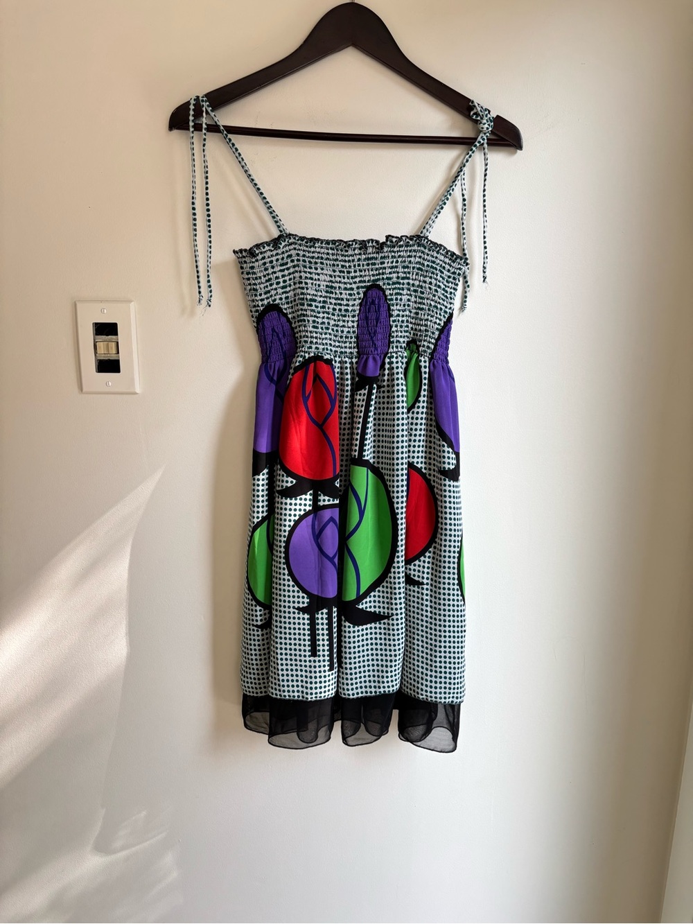 FOREVER 21 Vintage Mini Dress with tie straps Flower Pattern Black White Size M - Picture 3 of 10